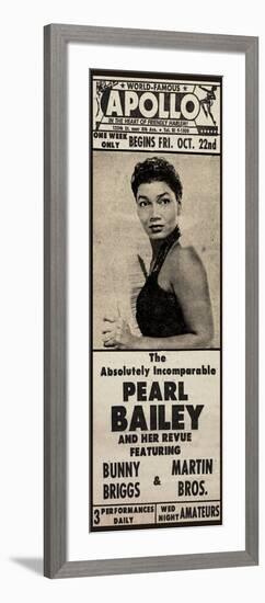 Apollo Theatre Newspaper Ad: Pearl Bailey and Her Revue, Bunny Briggs, and Martin Brothers; 1965-null-Framed Art Print