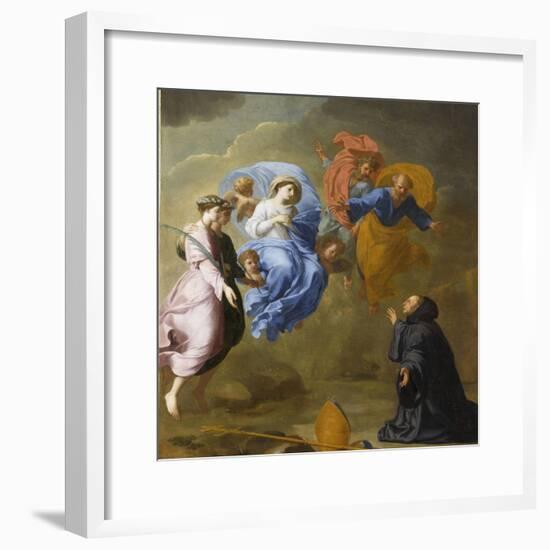 Apparition de la Vierge accompagnée de sainte Agnès et de sainte Thècle à saint Martin-Eustache Le Sueur-Framed Giclee Print