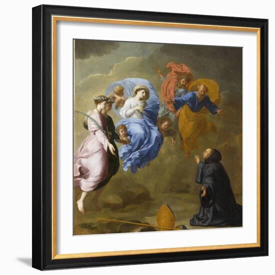 Apparition de la Vierge accompagnée de sainte Agnès et de sainte Thècle à saint Martin-Eustache Le Sueur-Framed Giclee Print