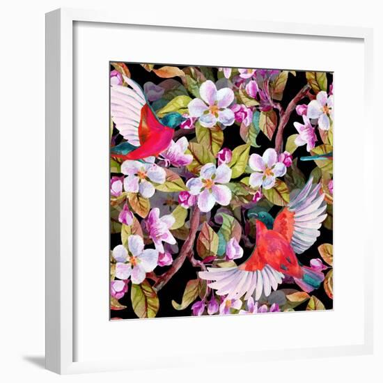 Apple Blossom and Flying Birds-tanycya-Framed Premium Giclee Print