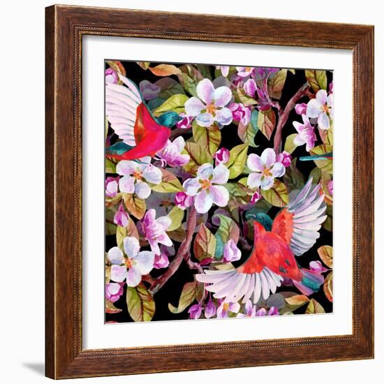 Apple Blossom and Flying Birds-tanycya-Framed Premium Giclee Print