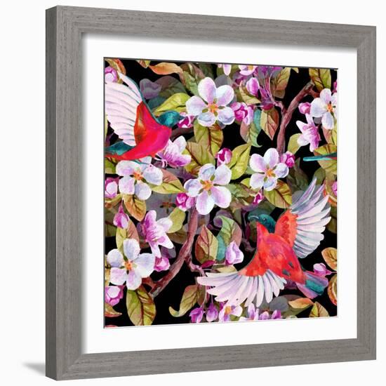 Apple Blossom and Flying Birds-tanycya-Framed Art Print