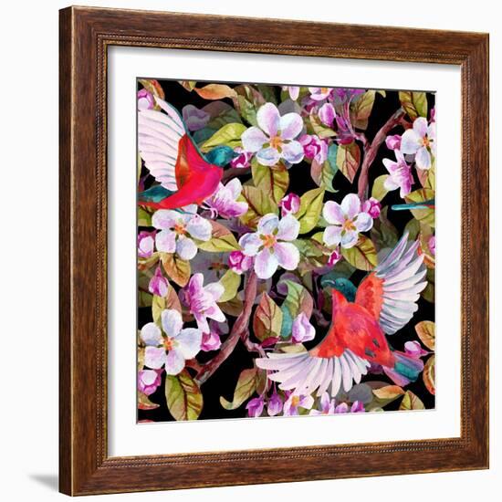 Apple Blossom and Flying Birds-tanycya-Framed Art Print