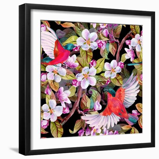 Apple Blossom and Flying Birds-tanycya-Framed Art Print