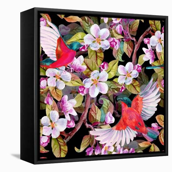 Apple Blossom and Flying Birds-tanycya-Framed Stretched Canvas