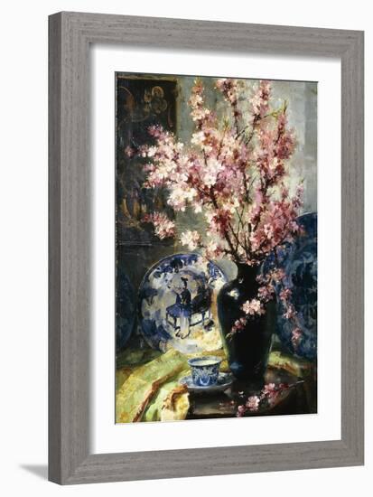 Apple Blossoms and Blue and White Porcelain on a Table-Frans Mortelmans-Framed Giclee Print