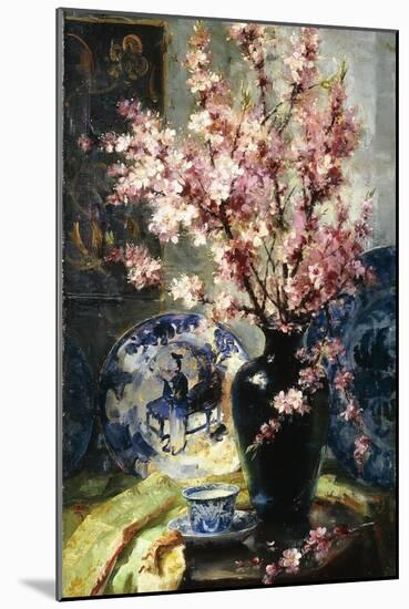 Apple Blossoms and Blue and White Porcelain on a Table-Frans Mortelmans-Mounted Giclee Print