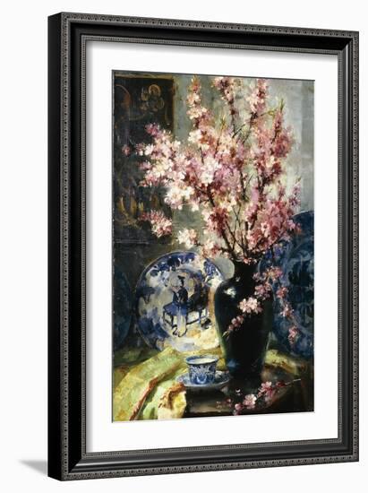 Apple Blossoms and Blue and White Porcelain on a Table-Frans Mortelmans-Framed Giclee Print