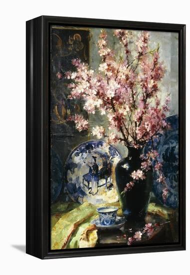 Apple Blossoms and Blue and White Porcelain on a Table-Frans Mortelmans-Framed Premier Image Canvas