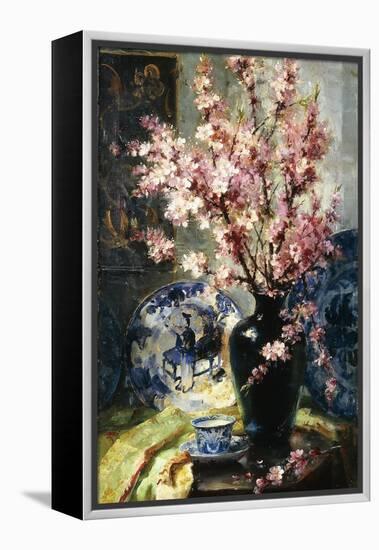 Apple Blossoms and Blue and White Porcelain on a Table-Frans Mortelmans-Framed Premier Image Canvas