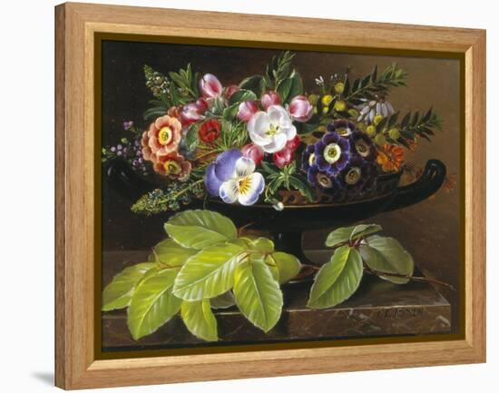 Apple Blossoms, Primula, Heather and Yellow Acacia in Greek Vase-Johan Laurentz Jensen-Framed Premier Image Canvas