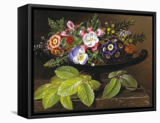 Apple Blossoms, Primula, Heather and Yellow Acacia in Greek Vase-Johan Laurentz Jensen-Framed Premier Image Canvas