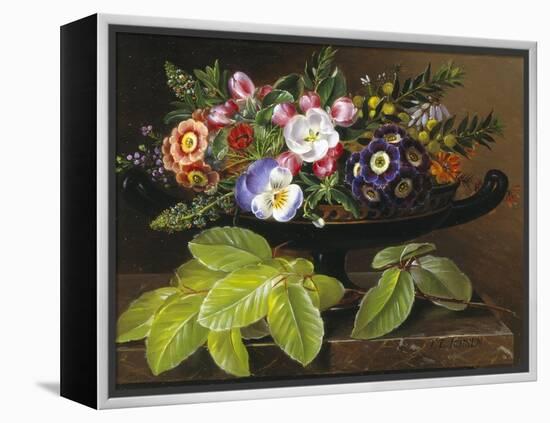 Apple Blossoms, Primula, Heather and Yellow Acacia in Greek Vase-Johan Laurentz Jensen-Framed Premier Image Canvas