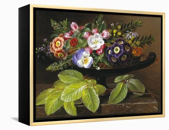 Apple Blossoms, Primula, Heather and Yellow Acacia in Greek Vase-Johan Laurentz Jensen-Framed Premier Image Canvas