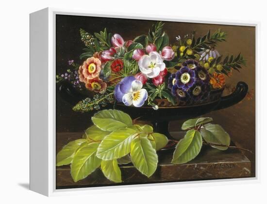 Apple Blossoms, Primula, Heather and Yellow Acacia in Greek Vase-Johan Laurentz Jensen-Framed Premier Image Canvas