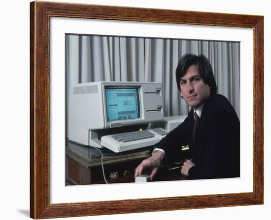 Apple Computer Chrmn. Steve Jobs with New Lisa Computer During Press Preview-Ted Thai-Framed Premium Photographic Print