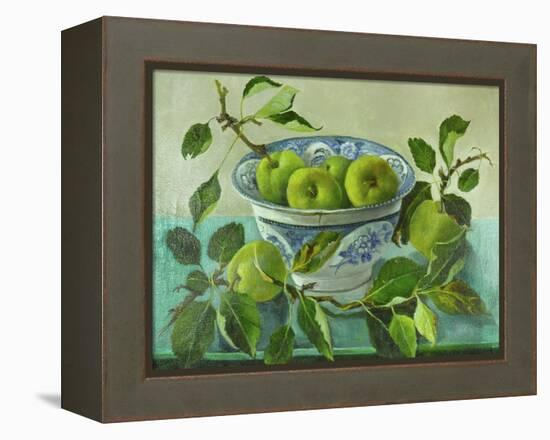 Apples and blue Bowl-Cristiana Angelini-Framed Premier Image Canvas