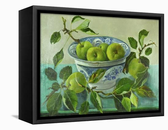 Apples and blue Bowl-Cristiana Angelini-Framed Premier Image Canvas