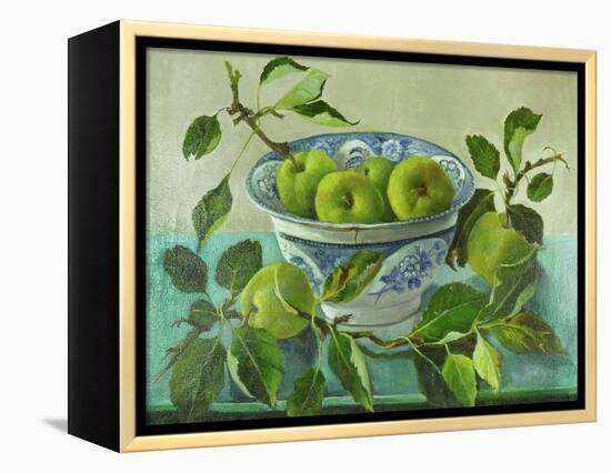 Apples and blue Bowl-Cristiana Angelini-Framed Premier Image Canvas