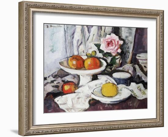 Apples in a White Fruitbowl and a Pink Rose in a Vase-George Leslie Hunter-Framed Giclee Print