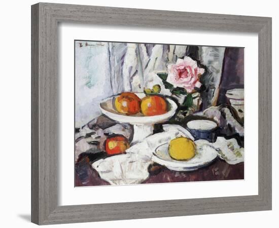 Apples in a White Fruitbowl and a Pink Rose in a Vase-George Leslie Hunter-Framed Giclee Print