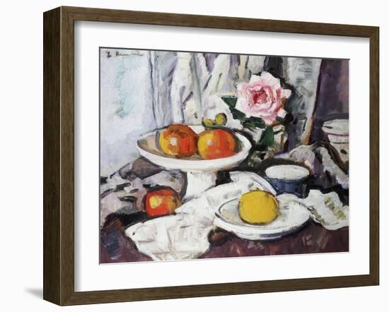 Apples in a White Fruitbowl and a Pink Rose in a Vase-George Leslie Hunter-Framed Giclee Print