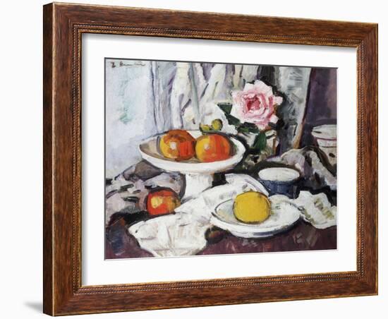 Apples in a White Fruitbowl and a Pink Rose in a Vase-George Leslie Hunter-Framed Giclee Print