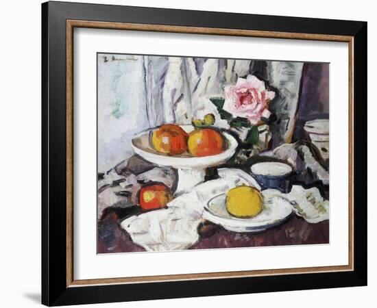 Apples in a White Fruitbowl and a Pink Rose in a Vase-George Leslie Hunter-Framed Giclee Print