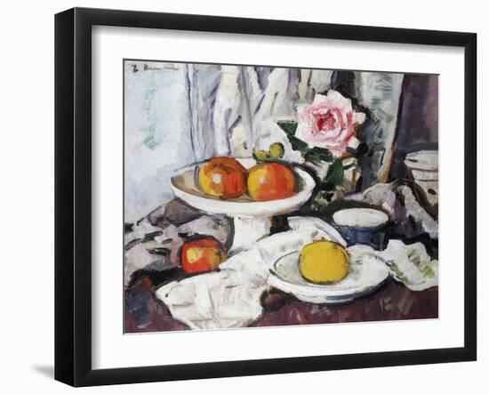 Apples in a White Fruitbowl and a Pink Rose in a Vase-George Leslie Hunter-Framed Giclee Print