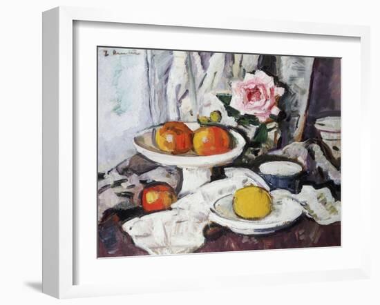 Apples in a White Fruitbowl and a Pink Rose in a Vase-George Leslie Hunter-Framed Giclee Print