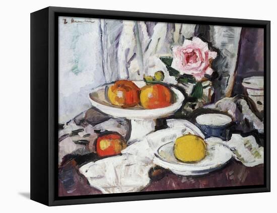 Apples in a White Fruitbowl and a Pink Rose in a Vase-George Leslie Hunter-Framed Premier Image Canvas