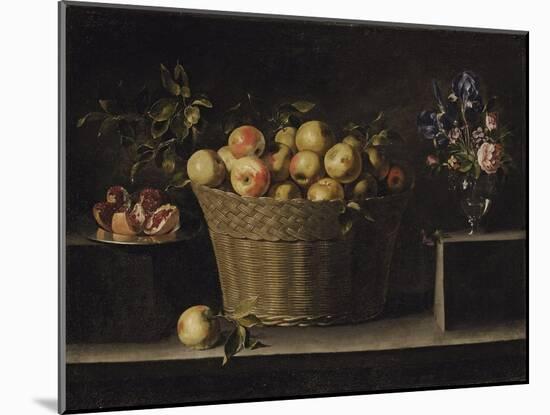 Apples in a Wicker Basket, an Pomegranate on a Silver Plate and Flowers in a Glass Vase-Juan de Zurbarán-Mounted Giclee Print
