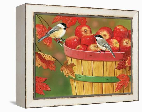 Apples in Basket with Chickadees-William Vanderdasson-Framed Premier Image Canvas