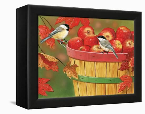 Apples in Basket with Chickadees-William Vanderdasson-Framed Premier Image Canvas