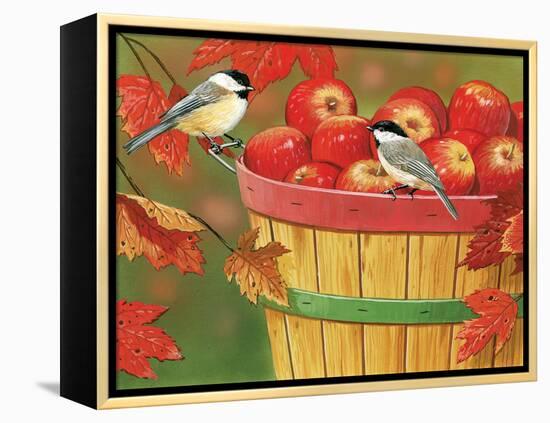 Apples in Basket with Chickadees-William Vanderdasson-Framed Premier Image Canvas