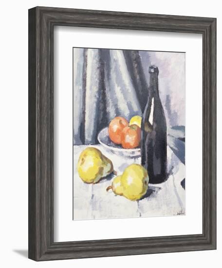 Apples, Pears and a Black Bottle on a Draped Table, C.1928-Samuel John Peploe-Framed Giclee Print