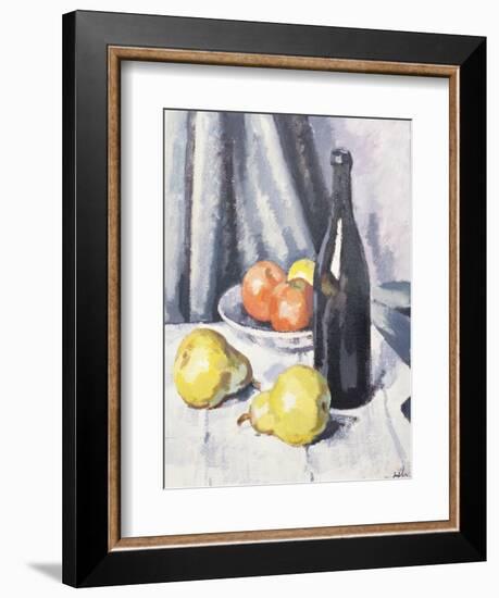 Apples, Pears and a Black Bottle on a Draped Table, C.1928-Samuel John Peploe-Framed Giclee Print