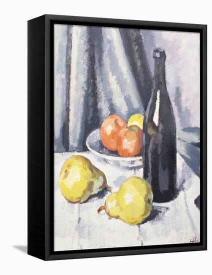Apples, Pears and a Black Bottle on a Draped Table, C.1928-Samuel John Peploe-Framed Premier Image Canvas