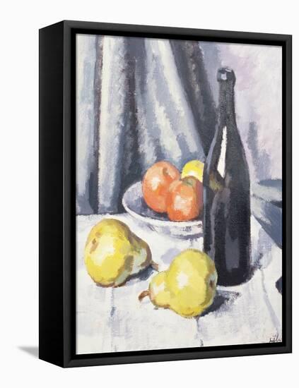 Apples, Pears and a Black Bottle on a Draped Table-Samuel John Peploe-Framed Premier Image Canvas