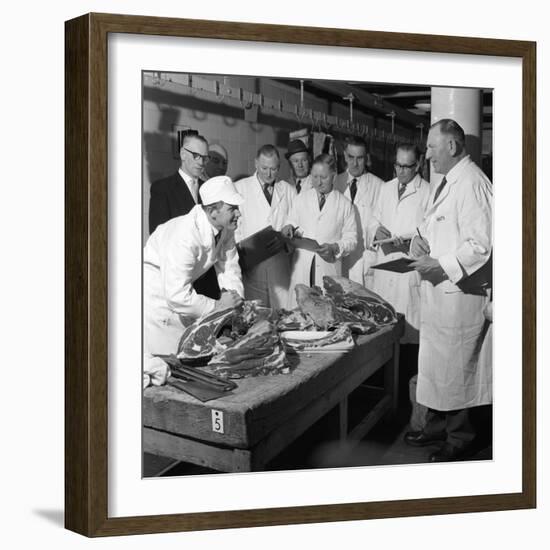 Apprentice Butcher Showing His Work to Competition Judges, Barnsley, South Yorkshire, 1963-Michael Walters-Framed Photographic Print