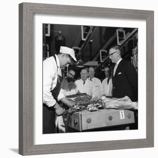 Apprentice Butcher Showing His Work to Competition Judges, Barnsley, South Yorkshire, 1963-Michael Walters-Framed Photographic Print