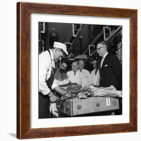 Apprentice Butcher Showing His Work to Competition Judges, Barnsley, South Yorkshire, 1963-Michael Walters-Framed Photographic Print