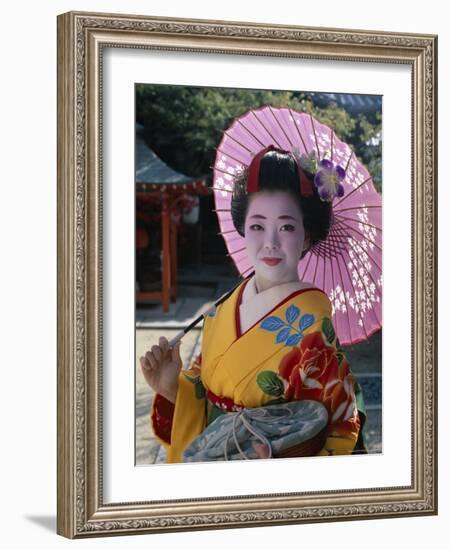 Apprentice Geisha (Maiko), Woman Dressed in Traditional Costume, Kimono, Kyoto, Honshu, Japan-null-Framed Photographic Print