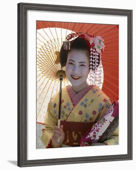 Apprentice Geisha (Maiko), Woman Dressed in Traditional Costume, Kimono, Kyoto, Honshu, Japan-null-Framed Photographic Print