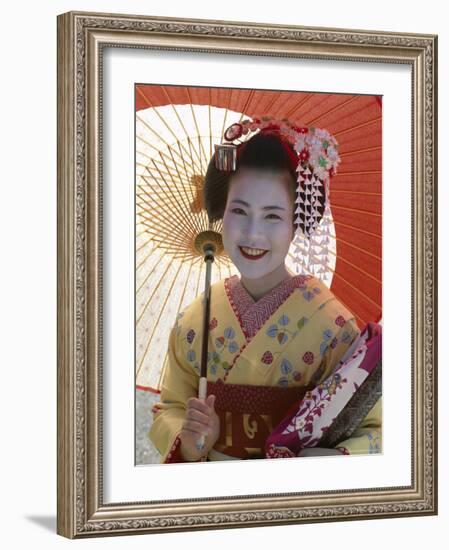 Apprentice Geisha (Maiko), Woman Dressed in Traditional Costume, Kimono, Kyoto, Honshu, Japan-null-Framed Photographic Print