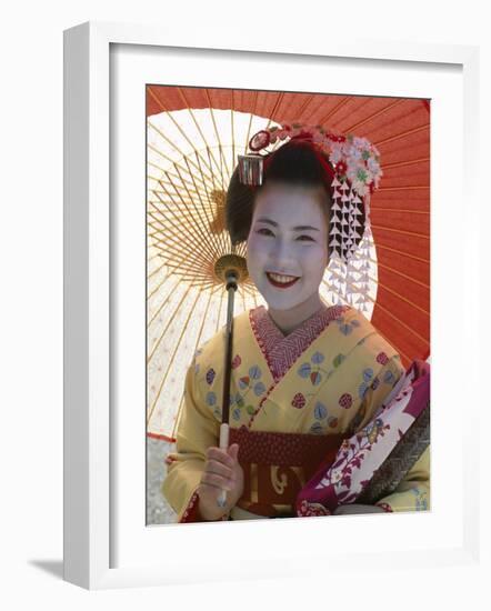 Apprentice Geisha (Maiko), Woman Dressed in Traditional Costume, Kimono, Kyoto, Honshu, Japan-null-Framed Photographic Print