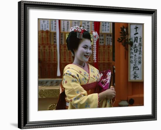 Apprentice Geisha (Maiko), Woman Dressed in Traditional Costume, Kimono, Kyoto, Honshu, Japan-null-Framed Photographic Print