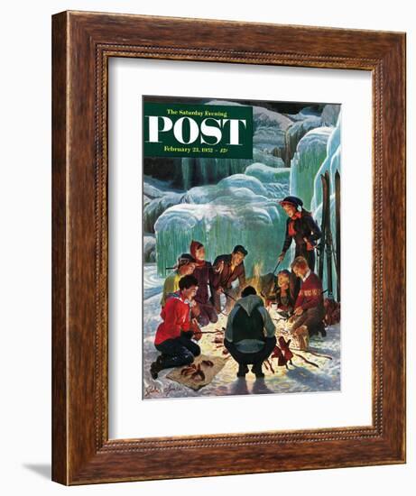 "Apres Ski Bonfire" Saturday Evening Post Cover, February 23, 1952-John Clymer-Framed Giclee Print