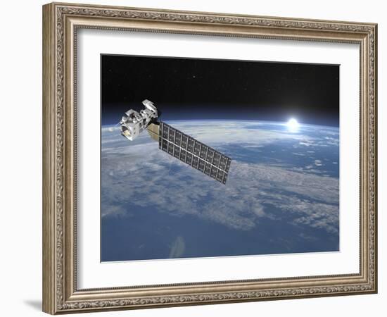 Aqua Satellite Orbiting Earth and Rising Sun-null-Framed Art Print