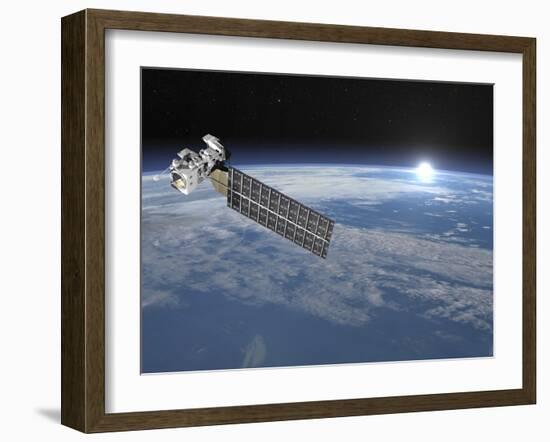 Aqua Satellite Orbiting Earth and Rising Sun-null-Framed Art Print